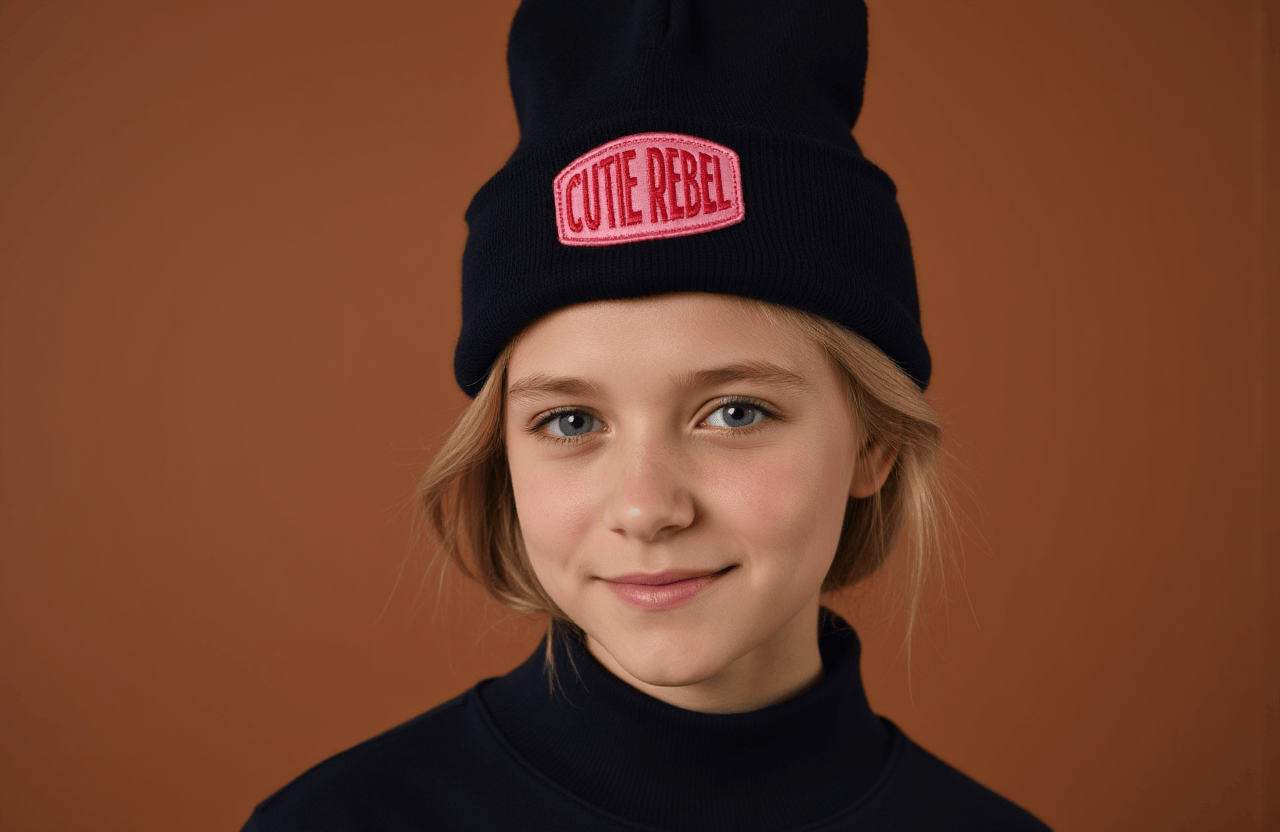 A close-up shot of a young blonde girl with blue eyes and a black beanie on her head. The beanie is adorned with a pink patch that reads "CUTIE REBEL" in bold white letters. The girls hair is pulled back in a ponytail and she is wearing a black turtleneck. The background is a vibrant brown color.
