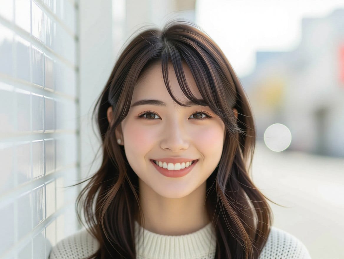 The image is a close-up portrait of a young woman with long, wavy brown hair. She is smiling and looking directly at the camera. She has a slight smile on her lips and her eyes are bright and full of life. The background is blurred, but it appears to be an outdoor setting with buildings and a blue sky. The woman is wearing a white sweater and her hair is styled in loose waves. The overall mood of the image is happy and relaxed.