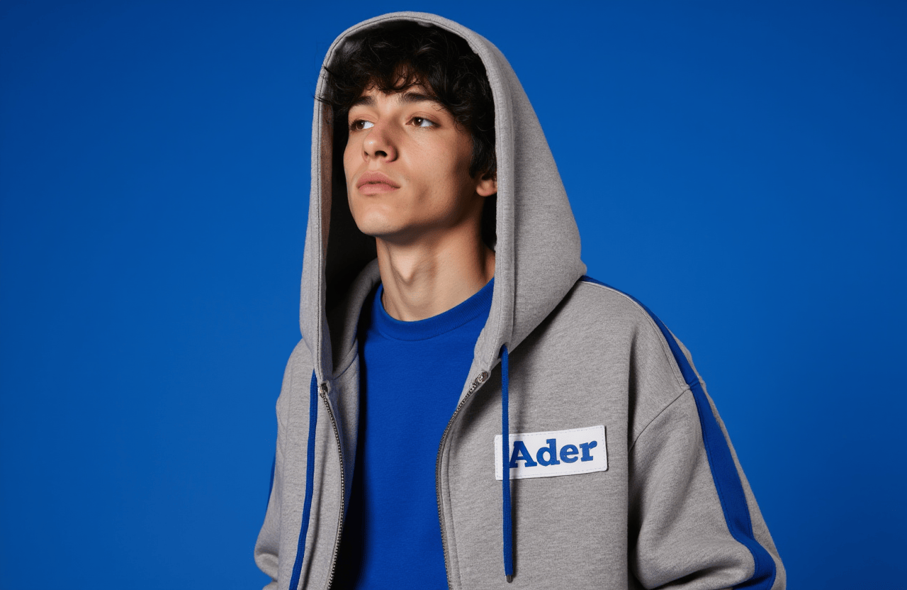 A medium-angle shot of a young man in a gray hooded sweatshirt with the word "Ader" on the right side of the hoodie. The hoodie has a blue stripe on the left side and a white tag with blue letters on it. The mans head is turned to the right and he is looking to the left. His hair is dark brown and he has a slight smile on his face. He is wearing a blue t-shirt with a zipper on the front. The backdrop is a vibrant blue.