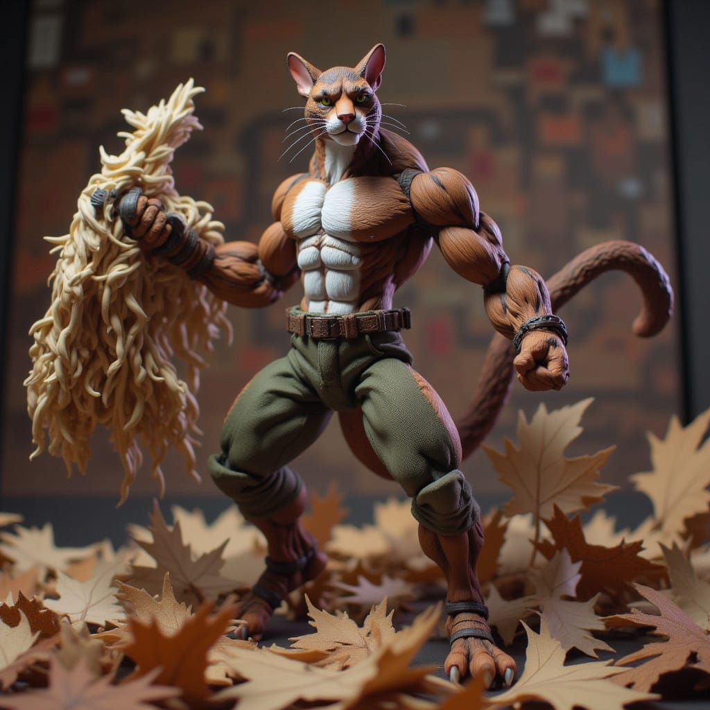 Action figure style warrior in battle pose with realistic textures