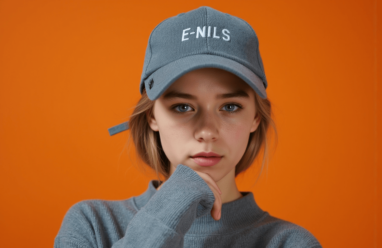 Super Portrait, a close-up shot of a young girls face is featured prominently in the frame. The girls eyes are a piercing blue, and her hair is pulled back in a ponytail, adding a pop of color to her face. She is wearing a gray baseball cap, adorned with a white logo that reads "E-NILS" in a cursive font, while the rest of the text is in a darker shade of white. Her eyebrows are a lighter shade of blue, while her lips are a darker pink. She is wearing a long-sleeved gray sweater, with a slight smile on her lips. The backdrop is a vibrant orange, creating a stark contrast to the girls outfit.