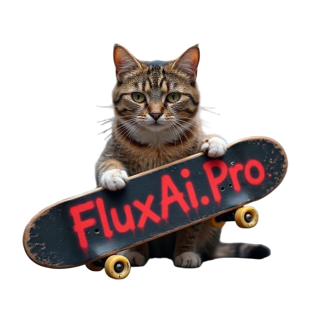 A cat holding a Skateboard writing FluxAI.pro but background removed