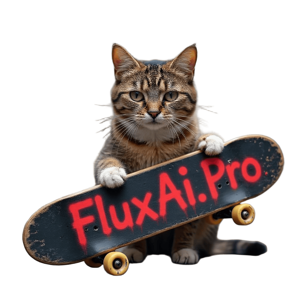 A cat holding a Skateboard writing FluxAI.pro but background removed