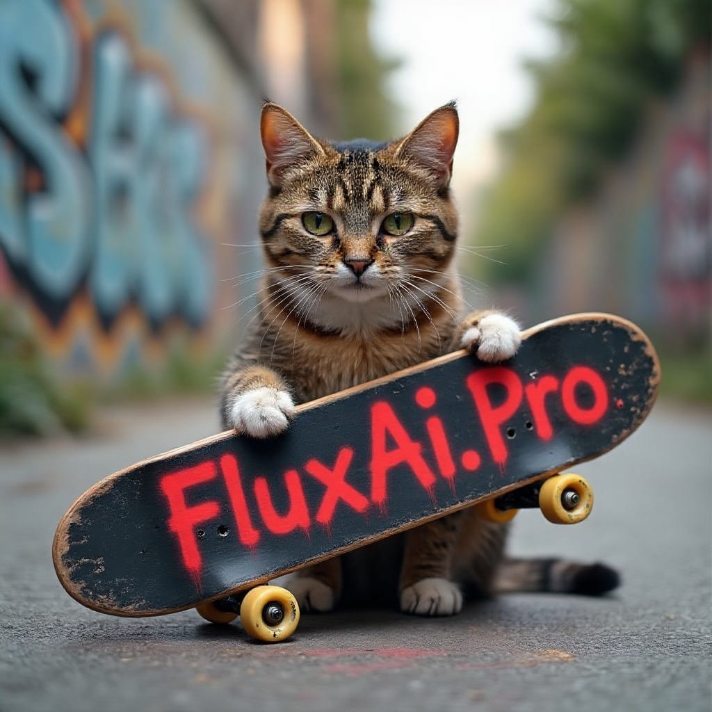A cat holding a Skateboard writing FluxAI.pro