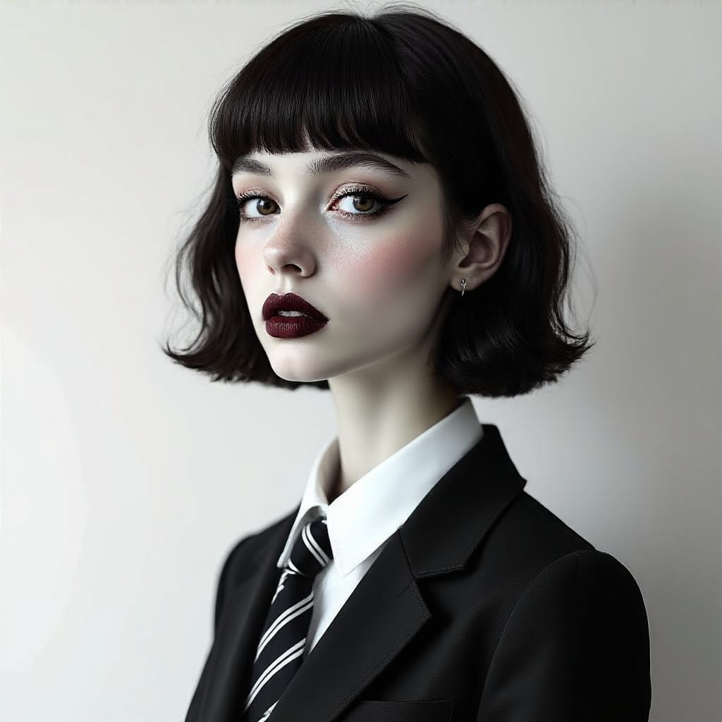 A black and white portrait in a surrealistic style, featuring a young woman with short hair and bangs, dressed in a white shirt, black suit, and striped tie. The look is sophisticated with a strong sense of fashion. The image employs multiple superimposed exposure techniques: the same face overlaps slightly askew, blending the front and side views to create a deconstructive composition. The texture of the character's skin is highly realistic, with visible freckles. The overall lighting is soft, and the background is minimalist. The contrast in the painting is strong, using a cinematic composition, with an overall atmosphere that leans towards a psychological and artistic narrative style, exuding a strong fashion magazine cover vibe.
